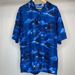 Vintage‎ Y2K Street Culture Blue Hawaiian Button Up Shirt Mens XL